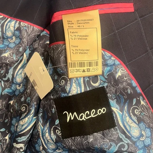 Maceoo Descartes Blazer Mens 40 Navy Blue Windowpane Check Sport Coat NEW
